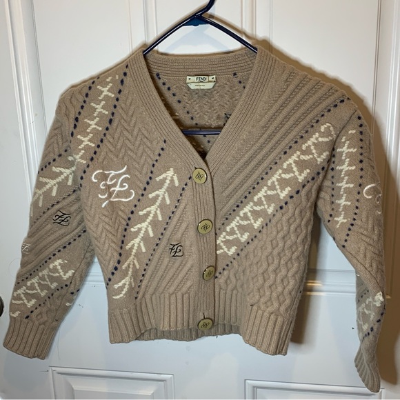 FENDI Karligraphy Cable-Knit Wool Cashmere Button-Front Crop Cardigan $1,980.00 - Picture 4 of 10